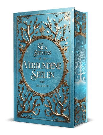 Das Cover zeigt einen goldenen Kreis auf blauem Hintergrund, in dem der Titel steht. Darum sieht man goldene Blätter. Eingefasst wird alles durch einen goldenen Rahmen.